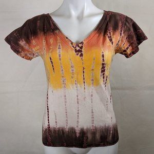 Orange & Brown V-Neck Tie Dyed Tee Large